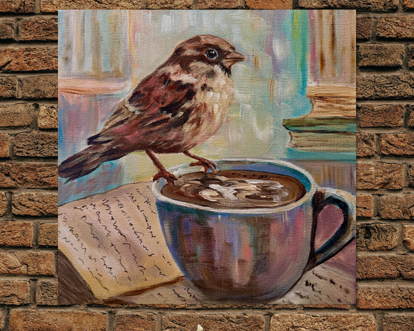 My Book Buddy | Original Acrylic House Sparrow painting | 10" x 10" Gallery Wrap Canvas
