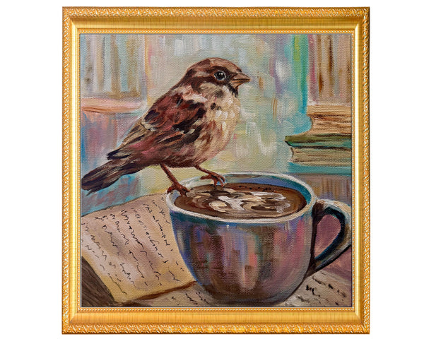 My Book Buddy | Original Acrylic House Sparrow painting | 10" x 10" Gallery Wrap Canvas