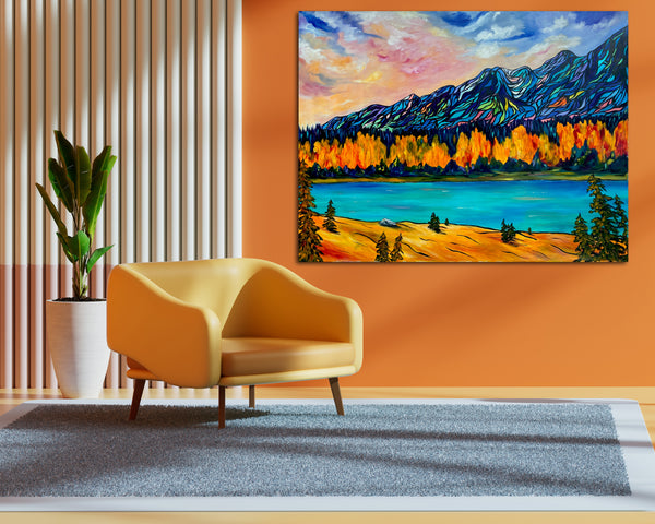 Large Affordable Original Painting of the Bow River Valley on Un-stretched, Unframed 48" x 36" Canvas