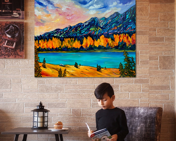 Large Affordable Original Painting of the Bow River Valley on Un-stretched, Unframed 48" x 36" Canvas