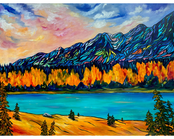 Large Affordable Original Painting of the Bow River Valley on Un-stretched, Unframed 48" x 36" Canvas
