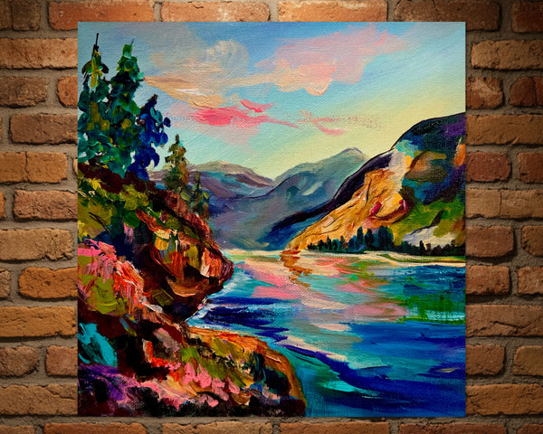 Along the Columbia River Original mountain and river painting 10" x 10" gallery wrap canvas