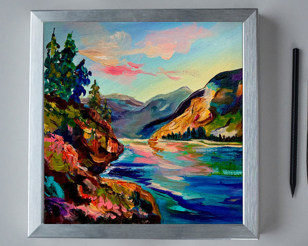 Along the Columbia River Original mountain and river painting 10" x 10" gallery wrap canvas