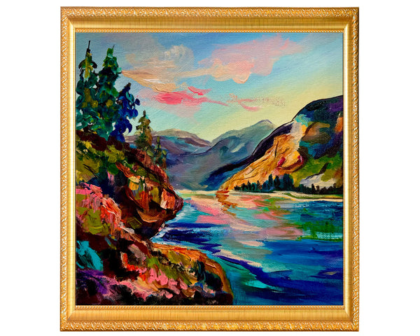 Along the Columbia River Original mountain and river painting 10" x 10" gallery wrap canvas