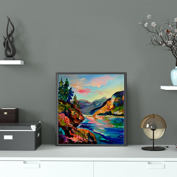 Along the Columbia River Original mountain and river painting 10" x 10" gallery wrap canvas