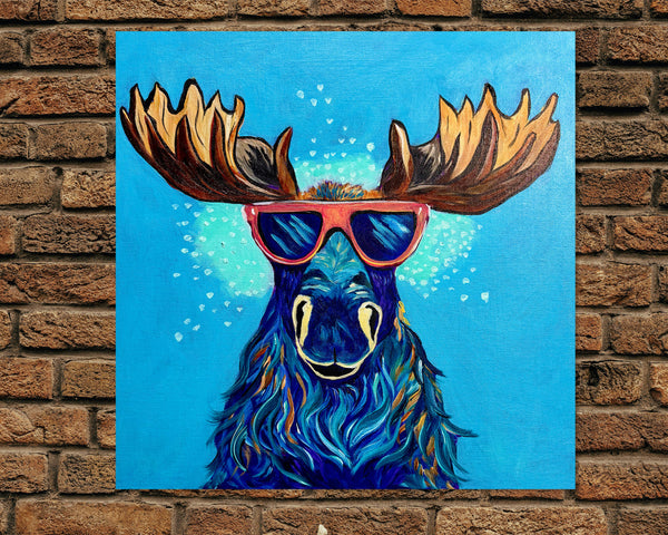 Pop Art Melvin a cool Canadian Moose acrylic painting on 12" x 12" flat canvas board in a solid black wood frame