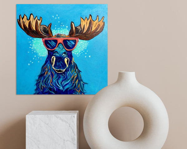 Pop Art Melvin a cool Canadian Moose acrylic painting on 12" x 12" flat canvas board in a solid black wood frame