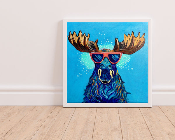 Pop Art Melvin a cool Canadian Moose acrylic painting on 12" x 12" flat canvas board in a solid black wood frame