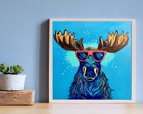 Pop Art Melvin a cool Canadian Moose acrylic painting on 12" x 12" flat canvas board in a solid black wood frame