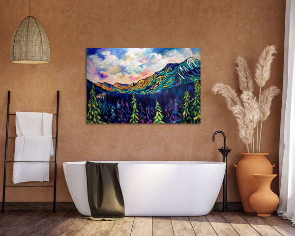 Sanctuary in the Pines —  Original Painting emphasizing the peaceful setting of the Banff Springs Hotel nestled among the trees. 24" x 36"