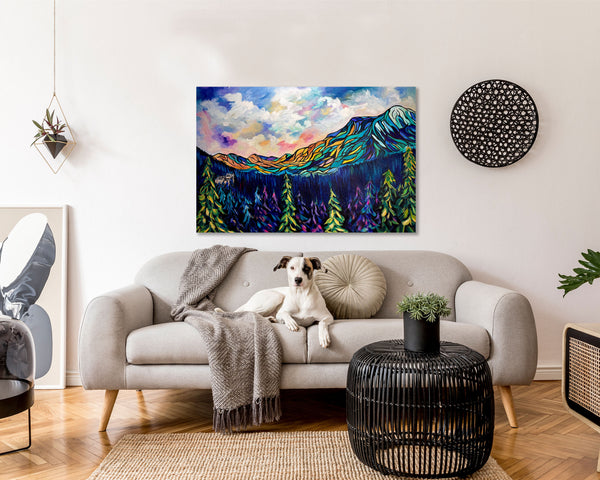 Sanctuary in the Pines —  Original Painting emphasizing the peaceful setting of the Banff Springs Hotel nestled among the trees. 24" x 36"