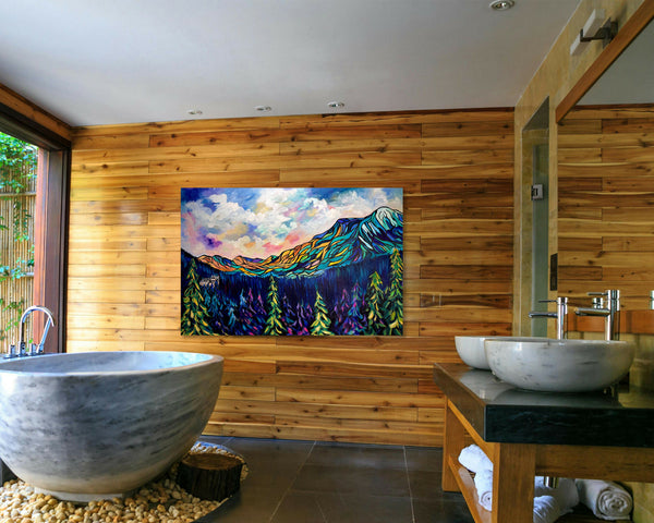 Sanctuary in the Pines —  Original Painting emphasizing the peaceful setting of the Banff Springs Hotel nestled among the trees. 24" x 36"