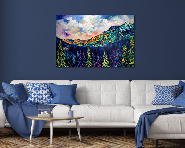 Sanctuary in the Pines —  Original Painting emphasizing the peaceful setting of the Banff Springs Hotel nestled among the trees. 24" x 36"
