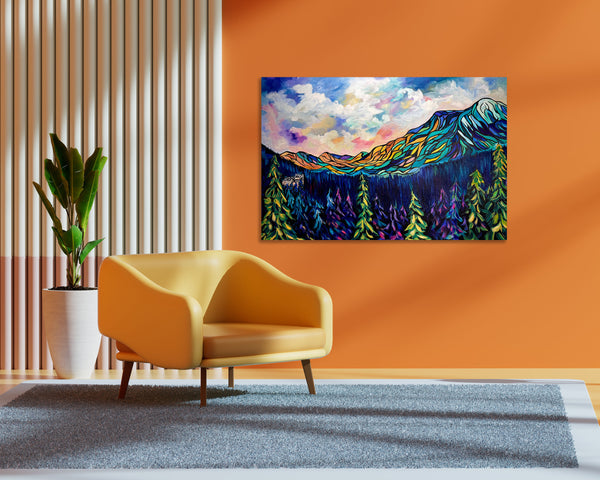 Sanctuary in the Pines —  Original Painting emphasizing the peaceful setting of the Banff Springs Hotel nestled among the trees. 24" x 36"