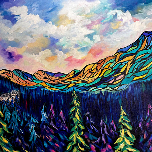 Sanctuary in the Pines —  Original Painting emphasizing the peaceful setting of the Banff Springs Hotel nestled among the trees. 24" x 36"