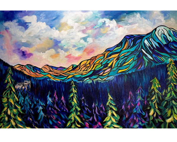 Sanctuary in the Pines —  Original Painting emphasizing the peaceful setting of the Banff Springs Hotel nestled among the trees. 24" x 36"