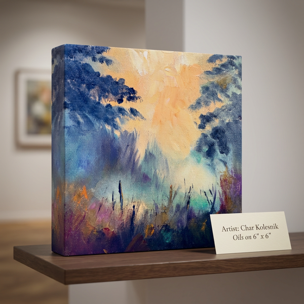 A Misty Morning Walk Original Oil Painting on 6" x 6" gallery wrap canvas