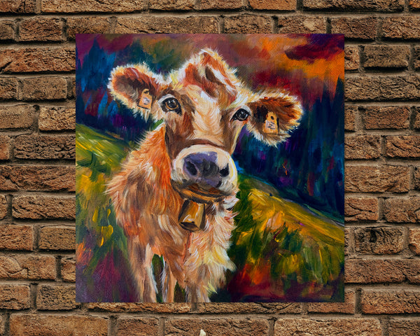 Well Hello There | Original Colourful Cow Painting