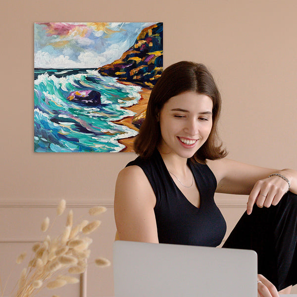 Vibrant original painting of the Algarve coast in Portugal 14" x 14" Gallery Wrap Canvas