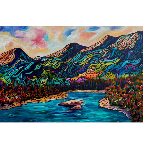 Go With the Flow in Kootenay Valley original Mountain painting on 24" x 36" gallery wrap canvas