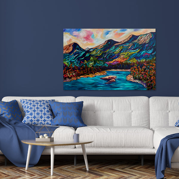 Go With the Flow in Kootenay Valley original Mountain painting on 24" x 36" gallery wrap canvas