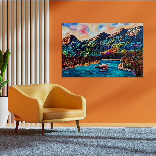 Go With the Flow in Kootenay Valley original Mountain painting on 24" x 36" gallery wrap canvas
