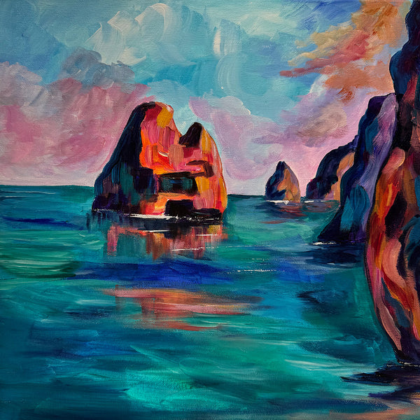 Navigating Inspiration Original 14" x 14"  Painting of rocks in the Algarve, Portugal is a great gift for travel buffs and art collectors