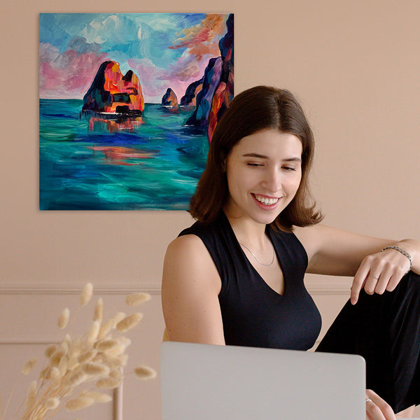 Navigating Inspiration Original 14" x 14"  Painting of rocks in the Algarve, Portugal is a great gift for travel buffs and art collectors