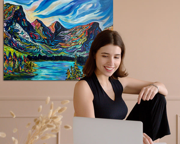 Large Affordable Original Painting of the Valley of the Ten Peaks at Moraine Lake on an UN-STRETCHED 50" x 36" Canvas Roll