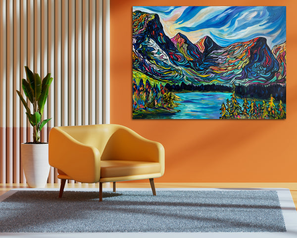 Large Affordable Original Painting of the Valley of the Ten Peaks at Moraine Lake on an UN-STRETCHED 50" x 36" Canvas Roll