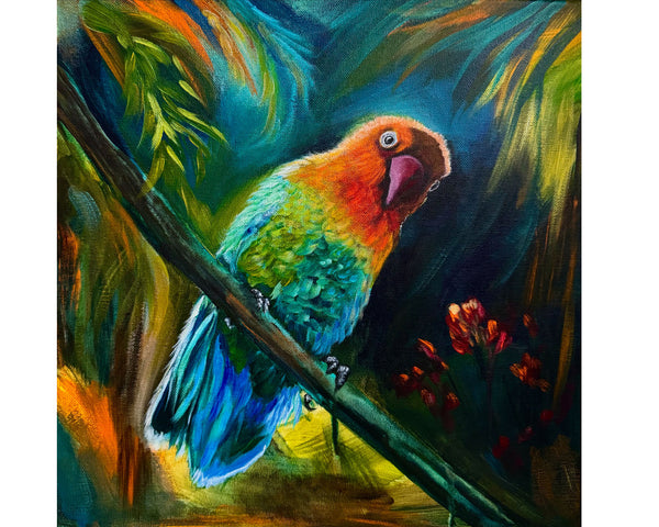"Peek-a-boo": Colourful tropical bird original painting on 14" x 14" gallery wrap canvas