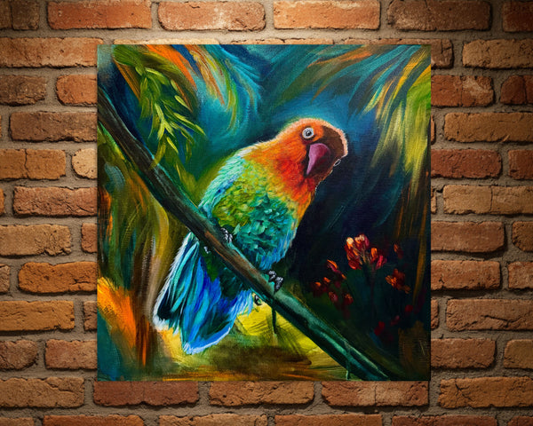 "Peek-a-boo": Colourful tropical bird original painting on 14" x 14" gallery wrap canvas