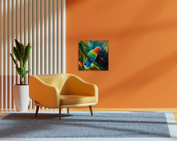 "Peek-a-boo": Colourful tropical bird original painting on 14" x 14" gallery wrap canvas