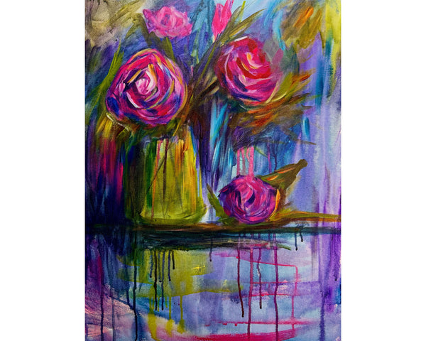 Weeping Roses original abstract with realism painting on 18" x 24" gallery wrap canvas