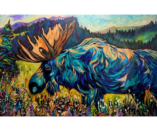 Wildflower Extravaganza original moose painting on 24" x 36" 2" gallery wrap canvas