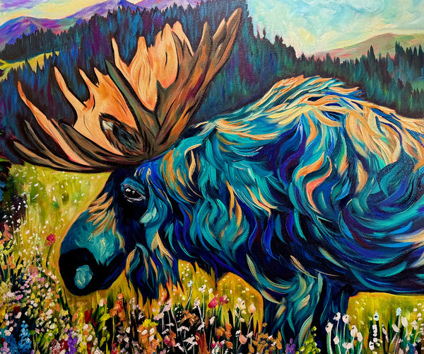 Wildflower Extravaganza original moose painting on 24" x 36" 2" gallery wrap canvas