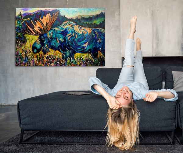 Wildflower Extravaganza original moose painting on 24" x 36" 2" gallery wrap canvas