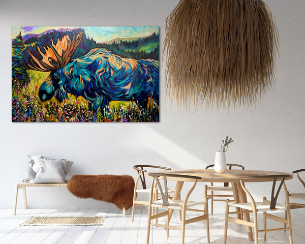 Wildflower Extravaganza original moose painting on 24" x 36" 2" gallery wrap canvas