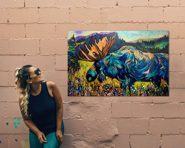 Wildflower Extravaganza original moose painting on 24" x 36" 2" gallery wrap canvas