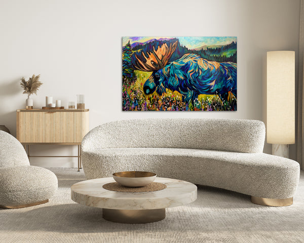 Wildflower Extravaganza original moose painting on 24" x 36" 2" gallery wrap canvas