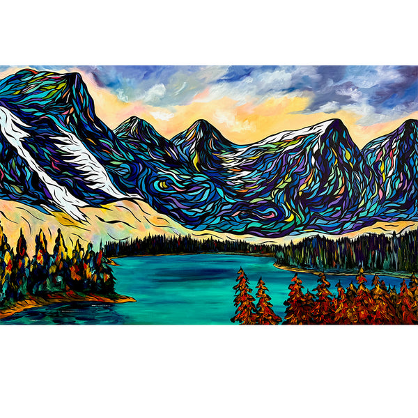 Large Affordable Original Painting of the Valley of the Ten Peaks at Moraine Lake on a 80" x 40" Un-Stretched Canvas
