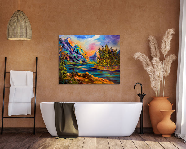 Still Waters, Sacred Ground Original Oil Painting of Spirit Island in Jasper | 24"x 30" on gallery wrap canvas