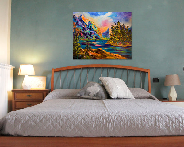 Still Waters, Sacred Ground Original Oil Painting of Spirit Island in Jasper | 24"x 30" on gallery wrap canvas