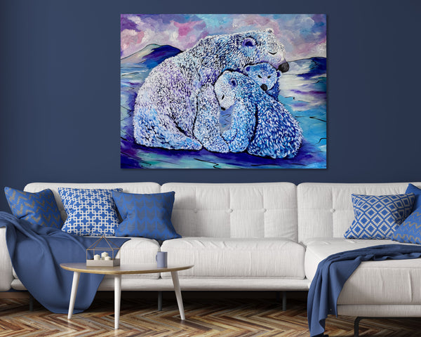 Taking a Break — A mother polar bear and her cubs original acrylic painting on a 36" x 48" gallery wrap canvas