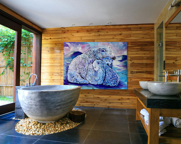 Taking a Break — A mother polar bear and her cubs original acrylic painting on a 36" x 48" gallery wrap canvas