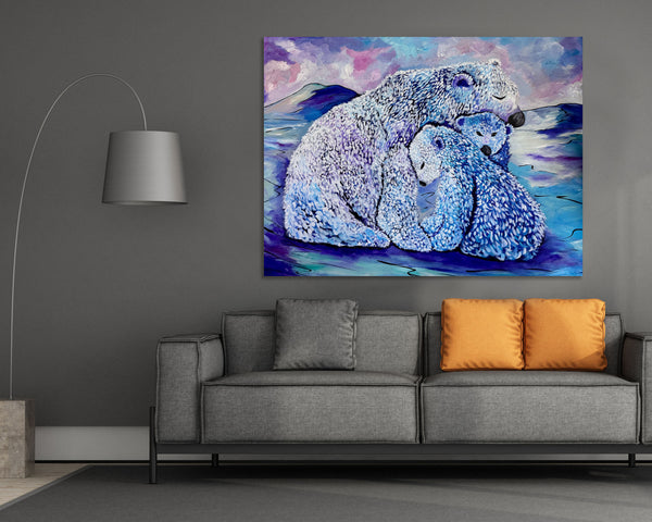 Taking a Break — A mother polar bear and her cubs original acrylic painting on a 36" x 48" gallery wrap canvas