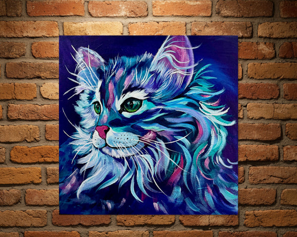 Whiskers and Wonder Original Cat painting on 12" x 12" gallery wrap canvas
