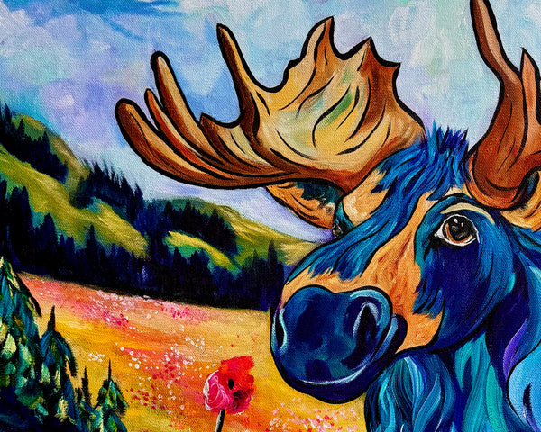 Melvin's Meadow Walk: Original moose painting on 24" x 24" gallery wrap canvas