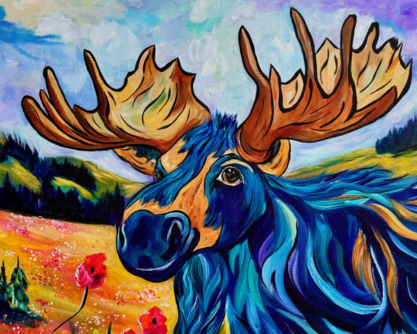 Melvin's Meadow Walk: Original moose painting on 24" x 24" gallery wrap canvas