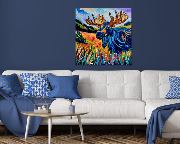 Melvin's Meadow Walk: Original moose painting on 24" x 24" gallery wrap canvas